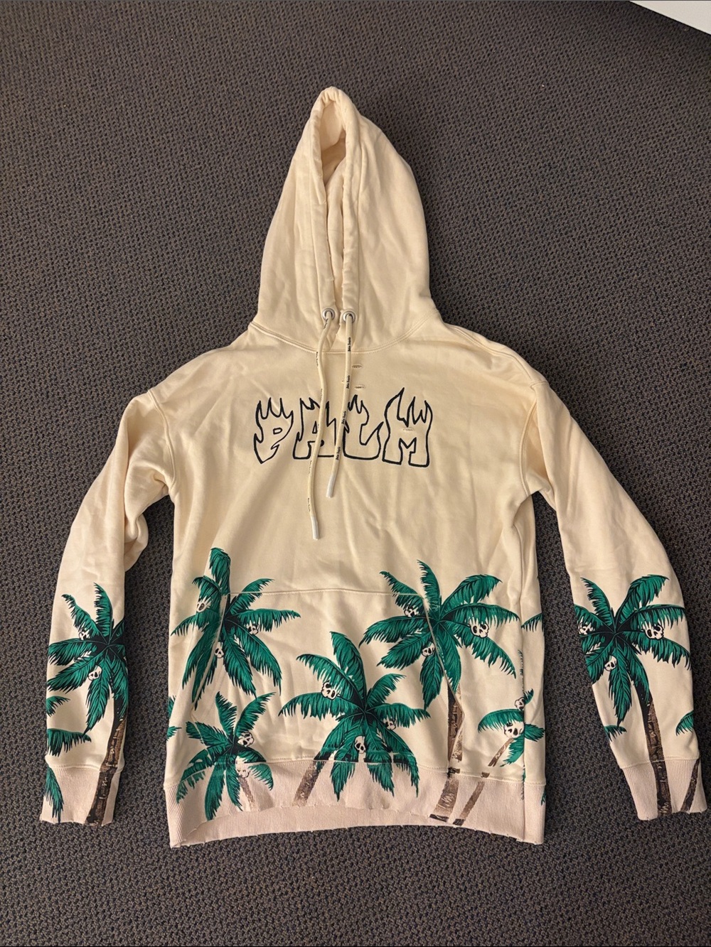 Palm Angels Cream Distressed Hoodie with Green Palm Tree Print. Size L Men’s